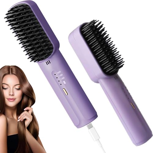 Cordless Hair Straightener Brush, Mini Portable Hair Straightener Comb for Women with 3 Heating Level, Rechargeable Hot Hair Straightener Brush for Beard, Anti- Scald& 20s Fast Heating- Purple