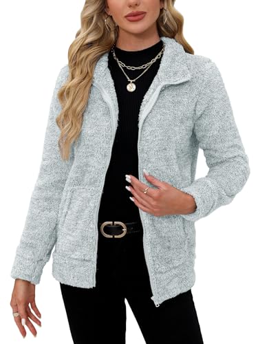 BesserBay Winter Damen Taschen Reißverschluss Warm Stehkragen Teddyfleece Jacke Elegant Weich Sweatjacke Silber L