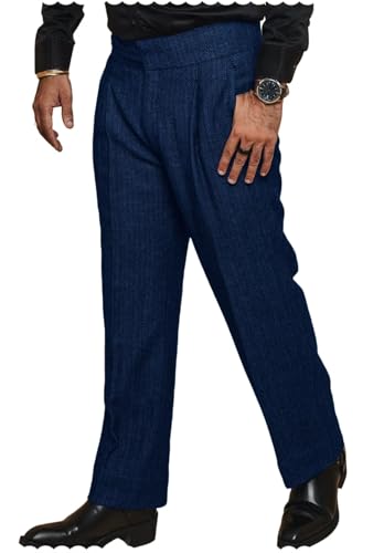 Men's Vintage Tweed Dress Pants Slim Fit Flat Front Wool Blend Trousers for Men