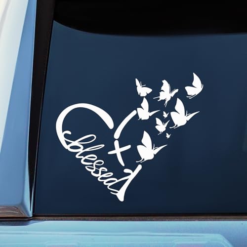 Blessed Cross & Butterfly Heart Decal – Inspirational Faith Vinyl Sticker for Vehicles, Windows & Home Decor | 8.6"x7.5" (White)