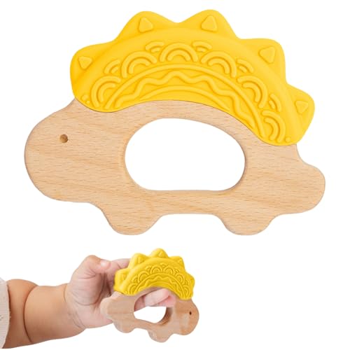 JUNUNA Baby Must Haves – Baby Teething Toys and Teether for Soothing Relief – Perfect for Teething Toys 3-6 Months and Shower Gifts – Soft, BPA-Free, Ergonomic Dinosaur Wood Design.