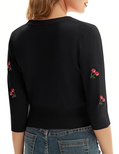 Belle Poque Women's 3/4 Sleeve V-Neck Button Down Cherries Embroidery Cropped Cardigan Sweater Coat3
