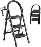 3 Step Ladder, Folding Step Ladder with Non-Slip Wide Rubber Pedals, Convenient Circular Handgrip, Safety-Lock Design, 330LBS Heavy Duty Load Capacity, Sturdy Ladder Portable for Home, Kitchen, Black