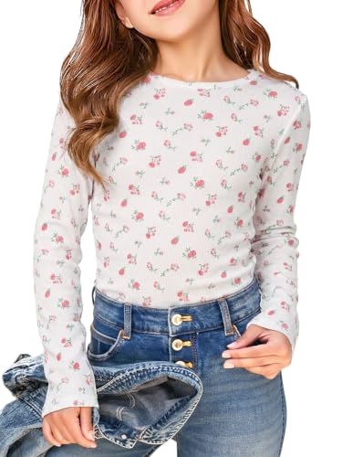 Image of Haloumoning Girls Long Sleeve Shirts Crewneck Ruched Side Slim Fit Tops Ribbed Knit Casual Tee Shirt 4-15 Years