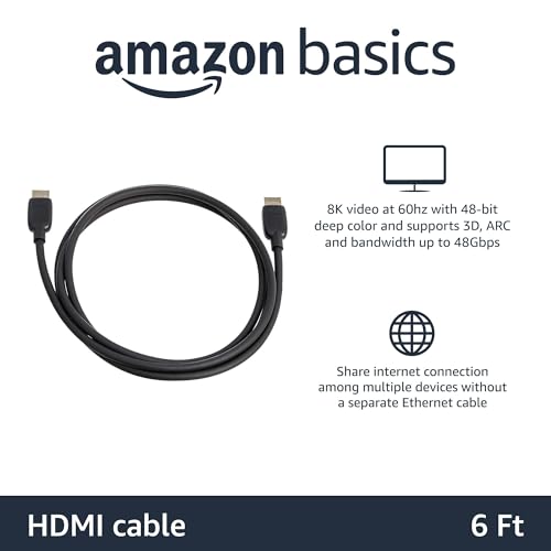 Image of Amazon Basics HDMI 2.1 Cable, 8K@60Hz 4K@120Hz Ultra High Speed, 48Gbps, 6 Feet, Compatible with PS5 /Xbox /TV /Monitor, Black