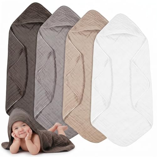 Image of Peryiter 4 Pcs Muslin Hooded Baby Towels, 32 inchx 32 inch Cotton Newborn Bath Towel Muslin Infant Baby Blankets Absorbent Unisex Newborn Registry Gift Essentials for Girls Boys (Gray Series)