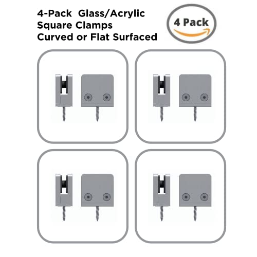 Square Glass Clamp, Glass Railing Spigot, Glass Bracket Holder, Silver Coated Aluminum Clamps For Flat And Curved Square Glass/Acrylic Surface. Clamps For Balustrade, Shelf Divider Panels. (Pack Of 4) #TOP1
