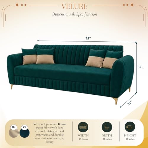 Image of CASASTYLE Signature Velour 3 Seater Sofa Set | Boston Matte Fabric | 40D Foam + Zigzag Spring | 3-Yr Warranty (Ocean Green)