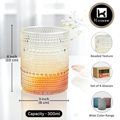 Image of Kookee Jupiter Vintage Hobnail Bubble Glass Old Fashioned Whiskey Tumbler | Textured Beaded Cocktail Drinking Glasses Set of 6 | 300ml (11763)