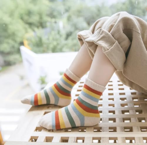Image of Kids Cotton Blend Ankle Socks, Rainbow Stripes and Patterns, Pack of 5 Pairs, Multicolour