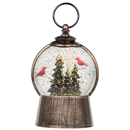 Christmas Snow Globe Lantern with Swirling Glitter Christmas Decorations Indoor, Cardinals & Christmas Tree Lighted Musical Snow Globes USB Powered & Battery Operated Lantern for Holiday Decor