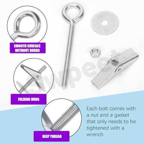 Swpeet 18 Set M4 M5 M6 Eye Bolt Toggle Bolts and Wing Nut Kit with Hex Nuts, Washers Assortment Kit, Heavy Duty Butterfly Toggle Anchors Swag Hooks for Hanging Heavy Items on Drywall - Image 4