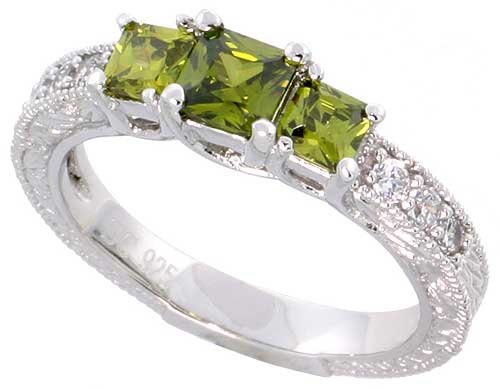 Sterling Silver Vintage Style Engagement Ring, w/ two 4mm (.3 ct) & one 5mm (.63 ct) Princess Cut Peridot-colored CZ Stones, 3/16" (5mm) wide, size 8