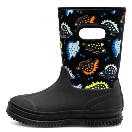 HugRain Botas De Chuva Para Meninos, Calçados Infantis Neoprene Neve, Inverno, Borracha Quente, Estampa Dinossauro, À Prova D'Água, Leves, Espuma Memória, Confortáveis, Antiderrapantes, Pretos, Tama