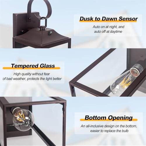 Image of 19 inch Large Dusk to Dawn Outdoor Lighting Bronze 2 Pack | Anti Rust Outdoor Wall Sconce Lantern Lamp, Waterproof Sensor Exterior Light Fixtures, Porch Light for Doorway, Garage, Patio