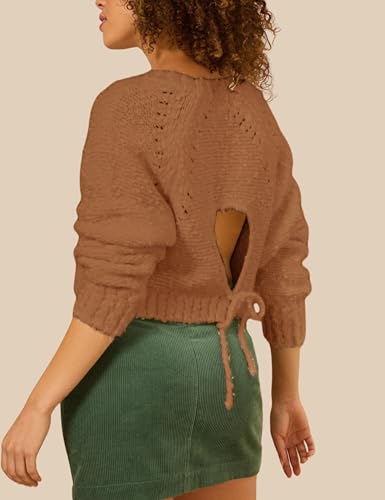 Image of InterNos Women's Open Tie Back Pullover Sweater Popcorn Crew Neck Backless Bow Tie Knitted Crop Tops