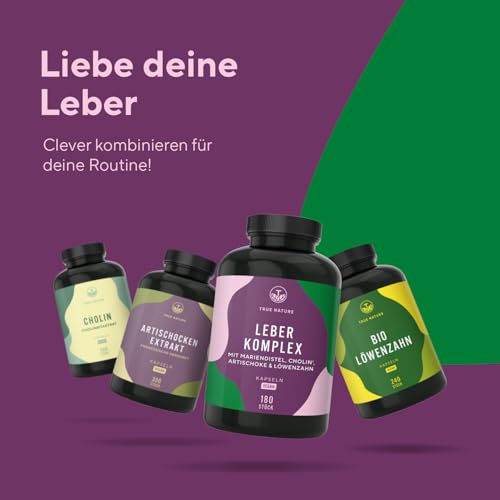 Leber Komplex - Testsieger-Online 11/25 - 180 Kapseln mit Mariendistel, Artischocke, Löwenzahn & Cholin – mit 480 mg Silymarin – Unterstützt die Leber durch Cholin* – TRUE NATURE