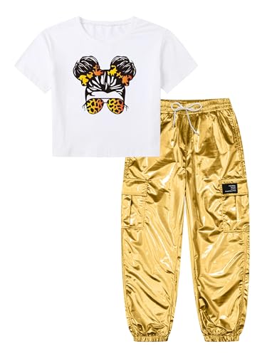 Image of Betusline Girls 2 Piece Outfit Set, Short Sleeve Crop Top & Cargo Jogger Pants Trendy Casual Clothes, Girl Clothes Set,4T-14Y