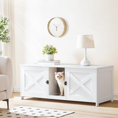MAHANCRIS Cat Litter Box Enclosure for 2 Cats, 47.2" Hidden Cat Litter Box Furniture with Double Room, Wooden Cat Washroom with Scratching Board, Indoor Cat House End Table, White CWWT1201