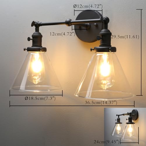 Image of PERMO Double Sconce Vintage Industrial 2-Lights Sconce Matte Black Antique Wall Sconces with Funnel Flared Glass Clear Glass Shade Vanity Light for Bathroom