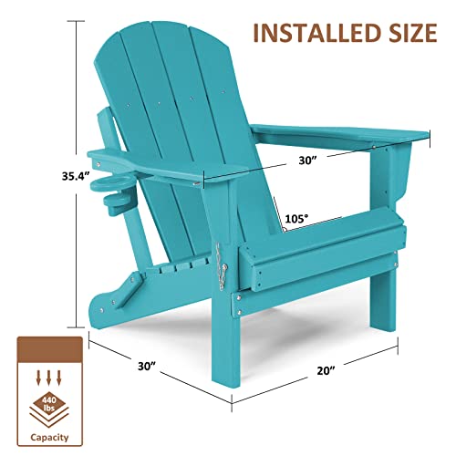 Abcpatio Folding Plastic Adirondack Chair - Outdoor Weather Resistant Adirondack Chairs With Cup Holder, Stackable Seating For Patio, Porch, Deck, Pool, Garden, Backyard (Seat Width 20", Turquoise) #TOP2