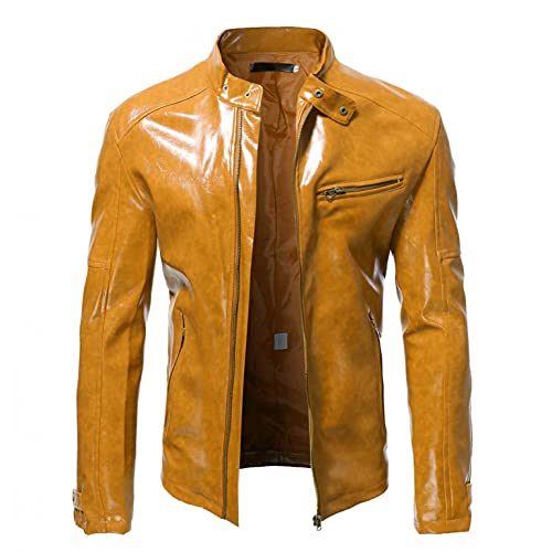 Veste HJHGJ en cuir pour homme - Automne et hiver - Manches longues - Col montant - Fermeture éclair - Avec poches - Couleur unie - Grande taille - Style rétro - Coupe classique, jaune, XXL