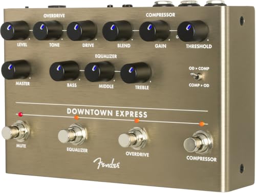 Fender Downtown Express Bass Multi-Effektpedal, Kompressor, Overdrive, 3-Band EQ, Direktausgang, LED-beleuchtete Regler, Effektreihenfolge-Umschalter