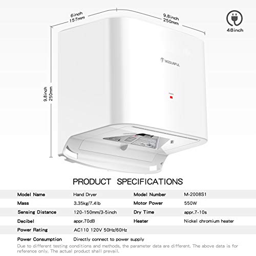Automatic High Speed Air Jet Hand Dryer (Compact Abs Cover) for Commercial Restroom and Household Bathroom, Wall-Mounted 110-120v 50/60hz 1200w MODUNFUL M-2008S1