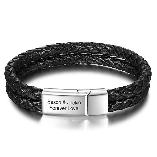 DaMei Personalizada Homme Cuero Pulseras con Nombre para Hombre Mujer Pareja Brazalete Plata Mujer BFF Familia Pulsera Regalo para Homme da Cumpleaños Aniversario Cover