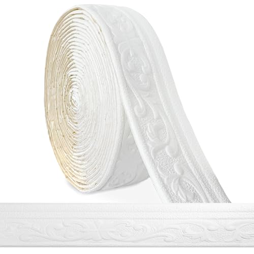 Bordüre Selbstklebend Weiß - 10m x 8cm x 5mm - 3D Stuckleisten Wand, Zierleisten Selbstklebend, Wasserdicht Wandbordüre, Leisten Selbstklebende, Roll Border Trims für Ecken Linien Decken Dekoration