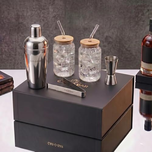 Image of Car-O-Bar Silver Bar Set with Glasses Gift Set | 5 Pieces Bartender Kit: Cocktail Shaker, Jigger, Ice Tong, Set of 2 Cocktail Sippers