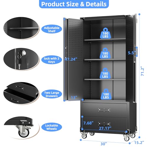 Image of Metal Garage Storage Cabinet with Wheels, 2 Drawers and Pegboard Doors