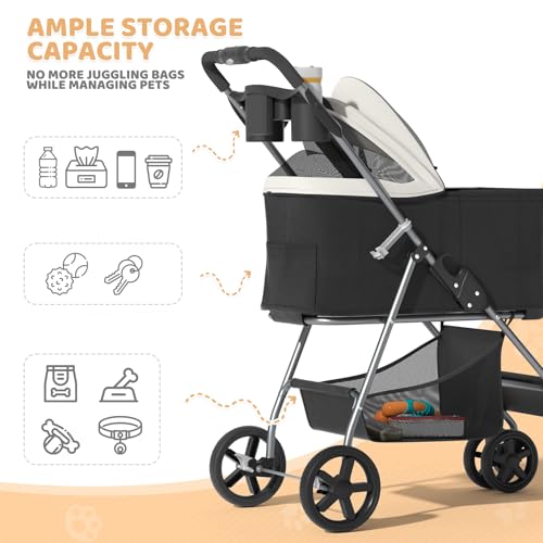 Image of Magshion 3-in-1 Foldable Pet Stroller for Small to Medium Dogs and Cats | Dog Travel Jogger with Detachable Carrier, Cup Holder & Storage Basket, For Small /Medium Dogs & Cats Up to 33 lbs