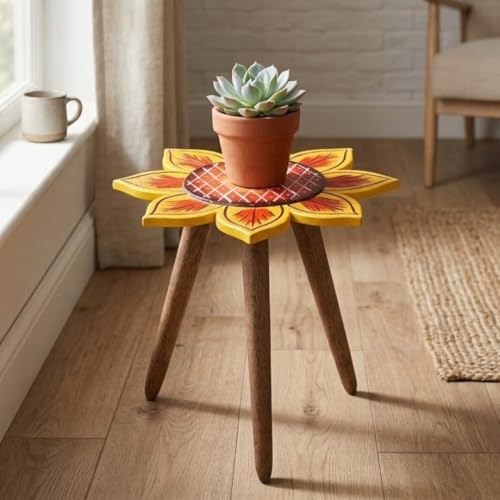 Image of Beautiful Antique Wooden Fold-able Side Table /End Table /Plant Stand /Stool Living Room Kids Play Furniture Table Round Sunflower Shape