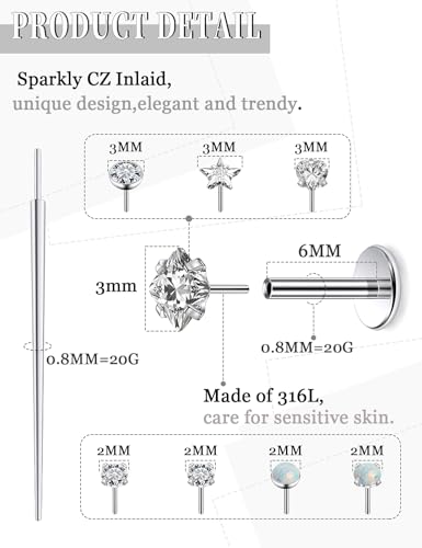 20G 18G 16G Threadless Push in Nose Rings Studs Flat Back Studs Earrings Surgical Stainless Steel Opal Nose Rings Stud Tragus Helix Conch Cartilage Earrings Piercing Jewelry For Women Men2