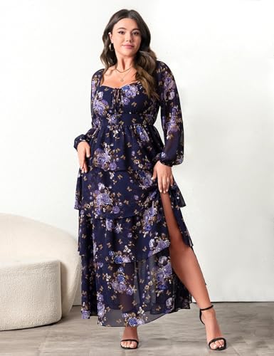 Womens Plus Size Floral Tiered Ruffle Long Sleeve Evening Party Wedding Guest Dress4
