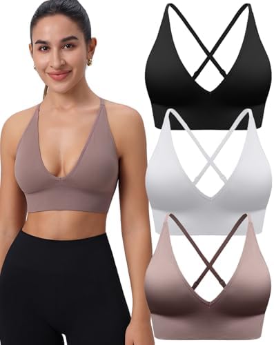 Women's V Neck Sports Bras, Adjustable Seamless Wireless Padded Bralettes