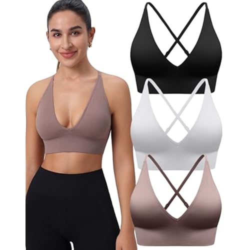 Women's V Neck Sports Bras, Adjustable Seamless Wireless Padded Bralettes
