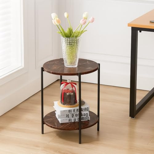 Image of Round End Table 2-Tier Side End Table with White Marble Top，Bedside Table for Living Room or Bedroom, Modern Accent Table with Metal Frame (Black Brown)