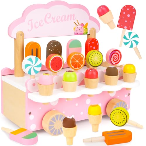 Wooden Play Toys for Toddler Girls 3-5 - Ice Cream Truck Cart Pretend Toys for Kids Ages 2-4, Montessori Toys Kitchen Popsicles Play Store Birthday Gifts for Girls Boys Toddlers 3 4 5 6 Year Old