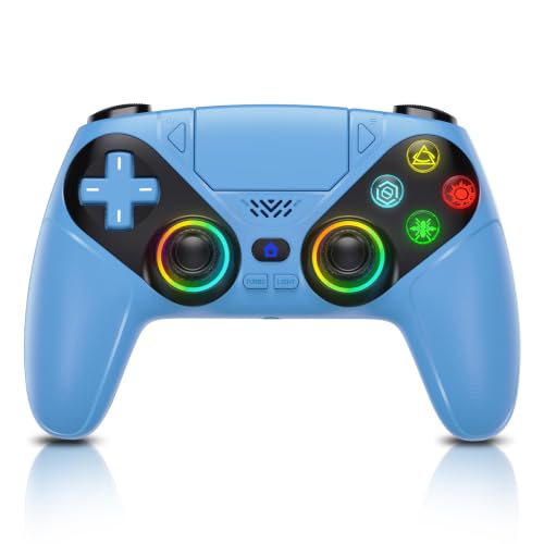 Image of Gamrombo LED Wireless Controller for PS5, Compatible with PS5 Pro /Slim /PC, Dual Vibration, Macro /Turbo Function, 3.5mm Audio Jack, 6-Axis Motion Control Gamepad with Speaker(Azure)