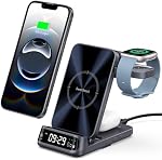Wireless Charger for Fitbit Versa 4/3/Sense 2/1/Ace LTE, Charging Station for iPhone 17/16/15/14/13, for Samsung S25/S24/S23, 3-in-1 Charger Stand for AirPods/Galaxy Buds, SwanScout 708FB (No Adapter)