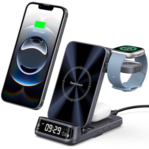 Cargador Inalámbrico 3 en 1 para Fitbit Versa 4/3/Sense 2/1/Pixel Watch 3/2 (No para Watch 4/1), Estación de Carga para iPhone 17/16/15, para Samsung S25/S24, para Google Pixel 9, Sin Adaptador
