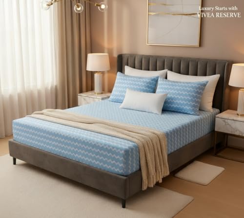 Image of 400TC Cotton Feel Glace Cotton Double Bed Elastic Fitted Bedsheet King Size 78 x 72 Inches with 2 Pillow Covers (Blossom Blue)