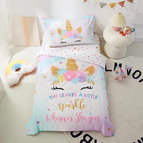 Pinnkku 4-Piece Toddler Bedding Set, Bed-In-A-Bag Comforter Set, Includes 1 Flat Sheet, 1 Fitted Sheet, 1 Comforter And 1 Reversible Pillowcase, Standard Toddler Comforter & Sheet Set, Unicorn #TOP2