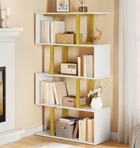 DWVO Geometric Bookshelf, 5-Tier Bookshelf S-Shaped Bookshelves, Modern Geometric Bookcase Freestanding Multifunctional Storage Shelving for Living Room Home Office,White Gold