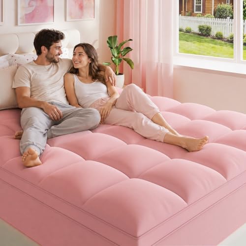 Image of ELEMUSE Pink Queen Mattress Topper for Bed, Extra Thick Pillow Top Mattress Pad with Plush Comfort, Designed for Couples & Everyday Sleep, Bedroom Upgrade