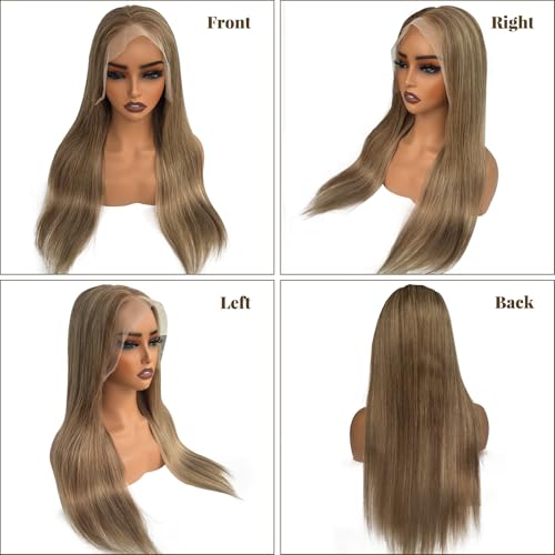 Image of Highlights Lace Front Wigs Human Hair Light Brown with Ash Blonde HD Transparent 100%Real Human Hair Ombre Glueless 180% Density 13x4 Straight No Synthetic No Shedding Triple Lifespan 26 Inch