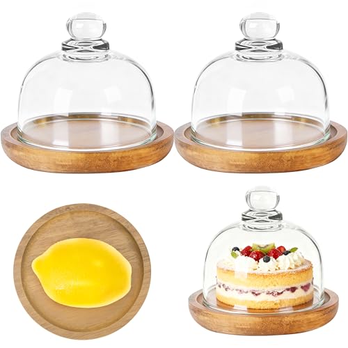 2 Pack Ultra Mini Wooden Base Cake Display Stand with Glass Dome,Cloche Clear Glass Bell Jar Cover for Dessert Cheese Candy Plants Succulents (4.1 x 3.7 inch)