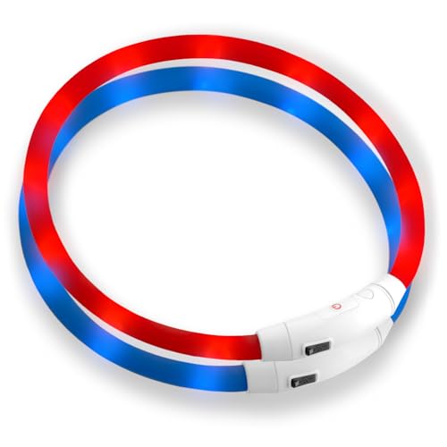 PRECORN 2 Stück LED Silikon Hundehalsband Leuchtend | Rot und Blau | Sicherheits-Halsband Hund | Hunde Leuchthalsband Set aufladbar USB-C | Individuell kürzbar